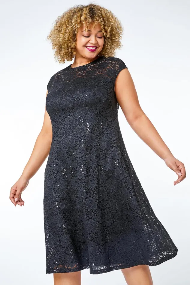 Women Black Sequin Lace Fit And Flare Dress Roman Dresses