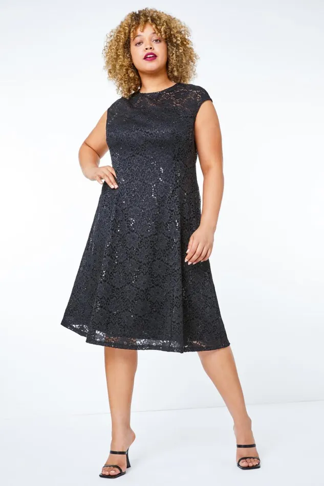 Women Black Sequin Lace Fit And Flare Dress Roman Dresses