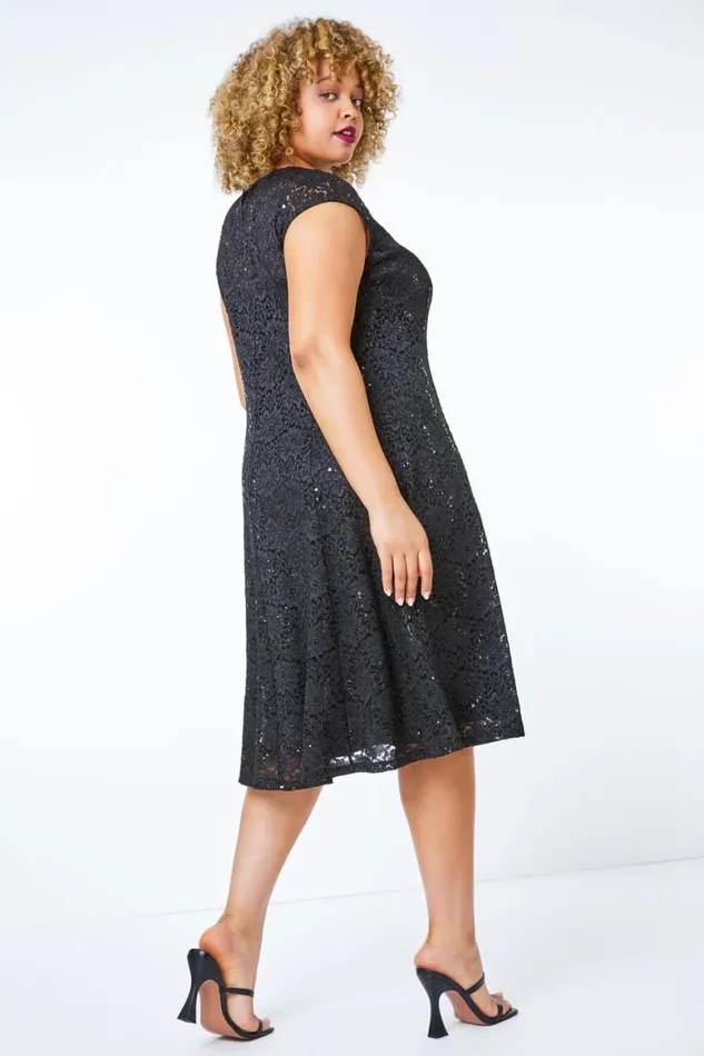 Women Black Sequin Lace Fit And Flare Dress Roman Dresses