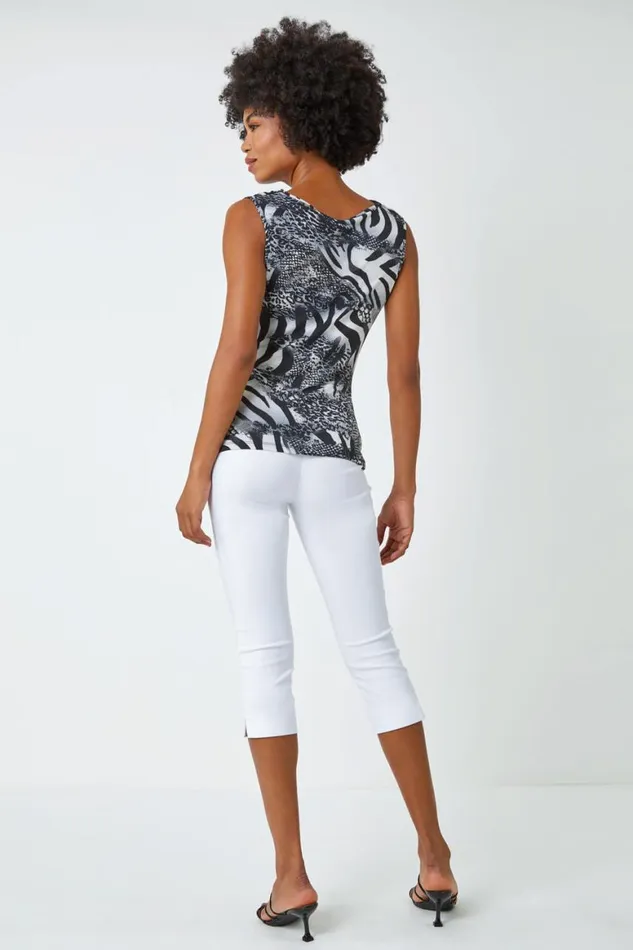 Women Black Sleeveless Textured Animal Print Top Roman Tops