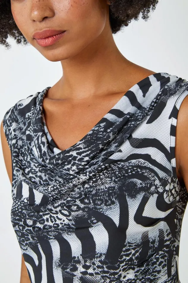 Women Black Sleeveless Textured Animal Print Top Roman Tops