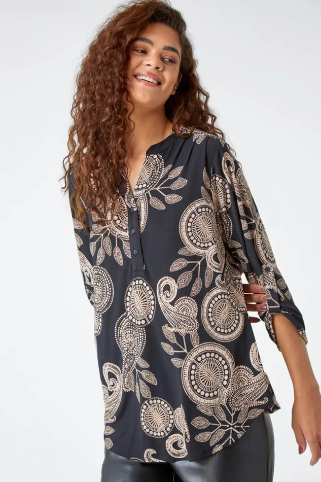 Women Black Textured Paisley Print Stretch Shirt Roman Tops