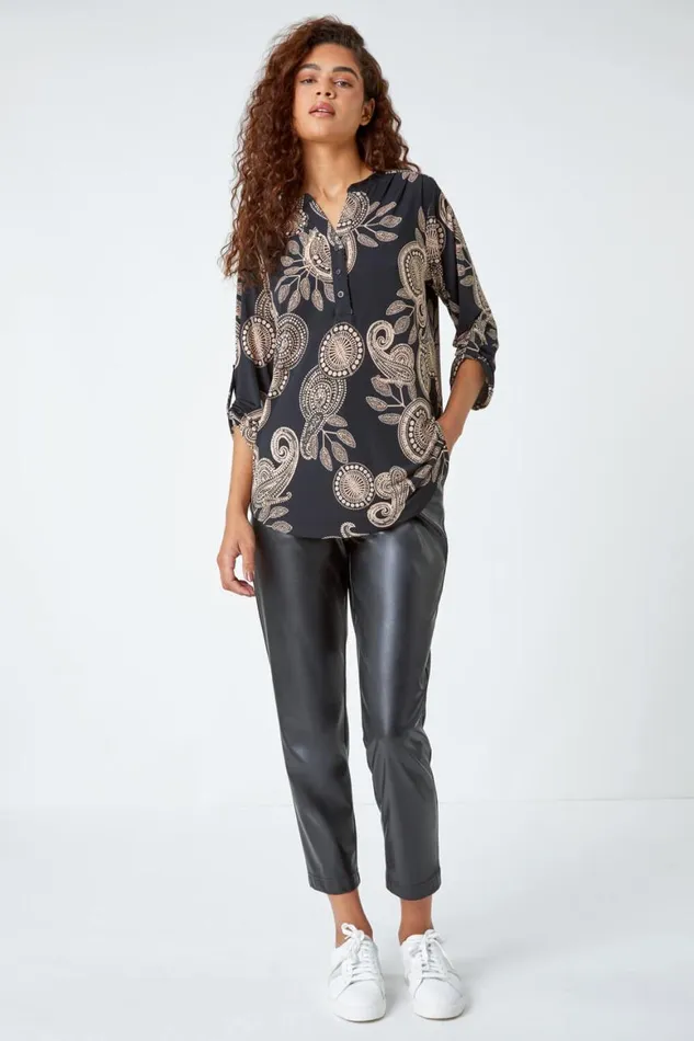 Women Black Textured Paisley Print Stretch Shirt Roman Tops