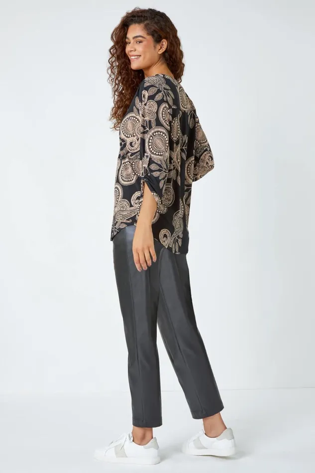 Women Black Textured Paisley Print Stretch Shirt Roman Tops