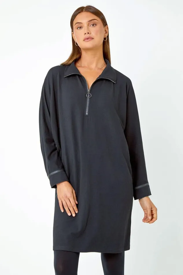Women Black Zip Detail Cocoon Stretch Dress Roman Dresses