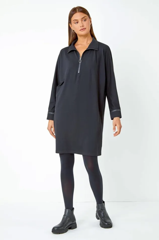 Women Black Zip Detail Cocoon Stretch Dress Roman Dresses