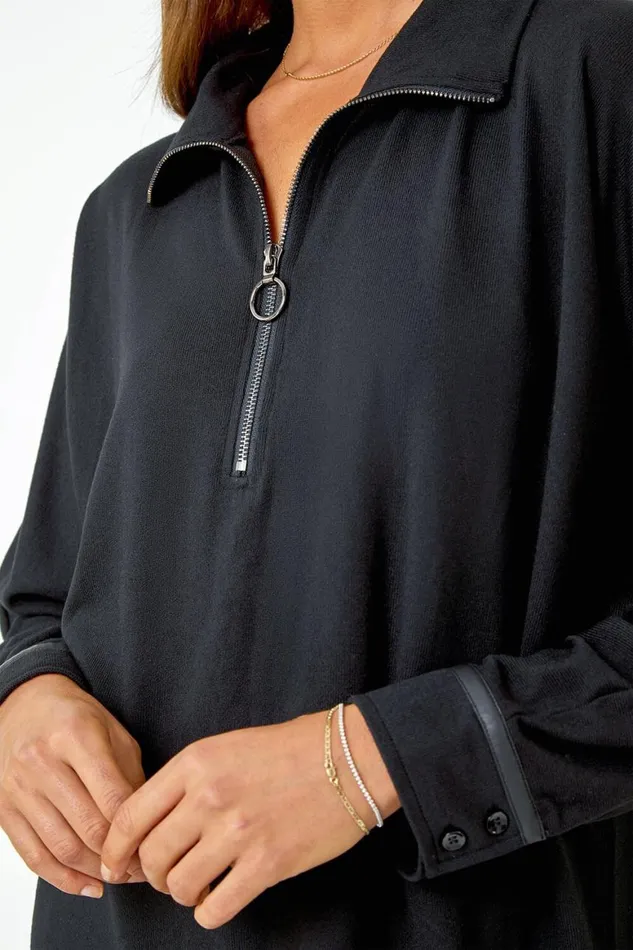 Women Black Zip Detail Cocoon Stretch Dress Roman Dresses