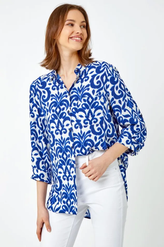 Women Blue Paisley Tile Print Longline Shirt Roman Tops