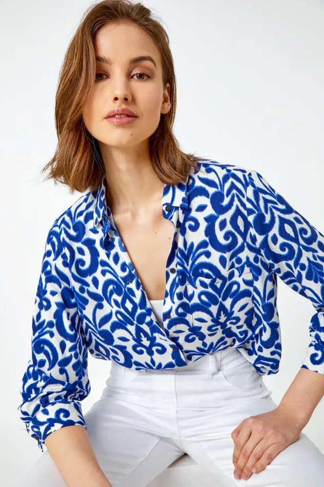 Women Blue Paisley Tile Print Longline Shirt Roman Tops