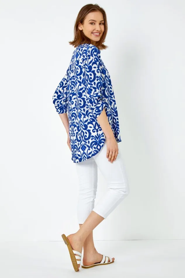Women Blue Paisley Tile Print Longline Shirt Roman Tops