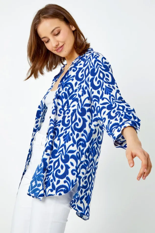 Women Blue Paisley Tile Print Longline Shirt Roman Tops