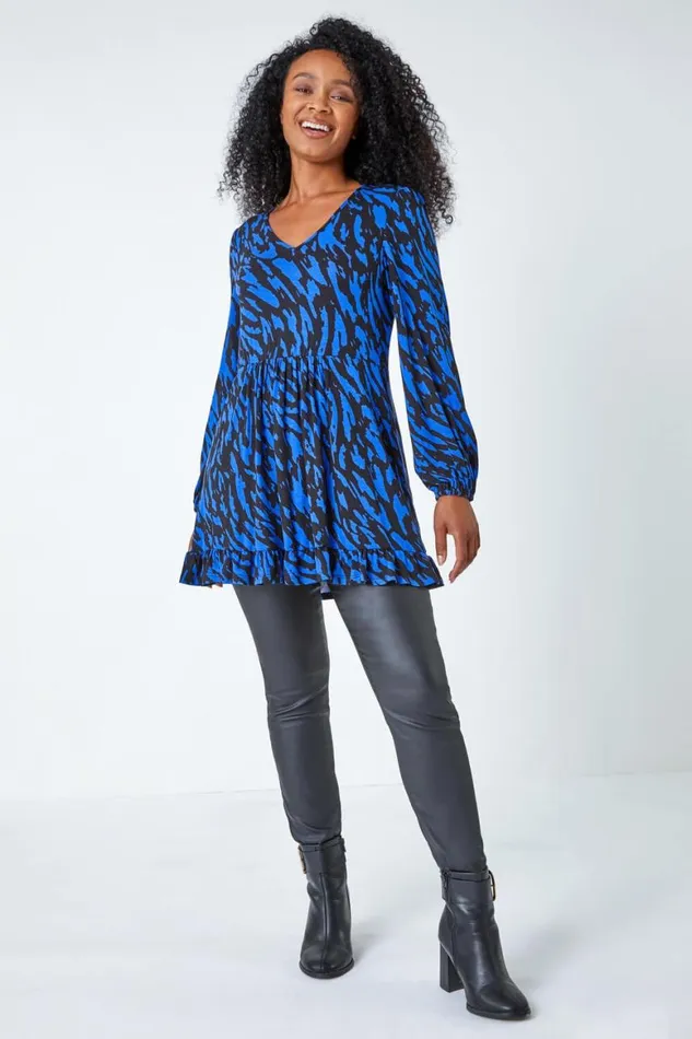 Women Blue Petite Abstract Frill Hem Stretch Top Roman Tops