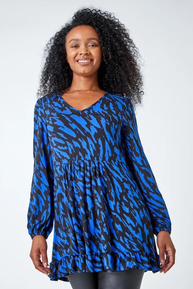 Women Blue Petite Abstract Frill Hem Stretch Top Roman Tops
