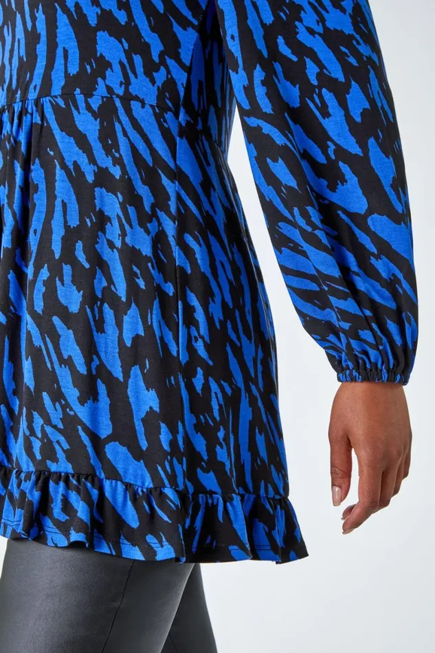 Women Blue Petite Abstract Frill Hem Stretch Top Roman Tops