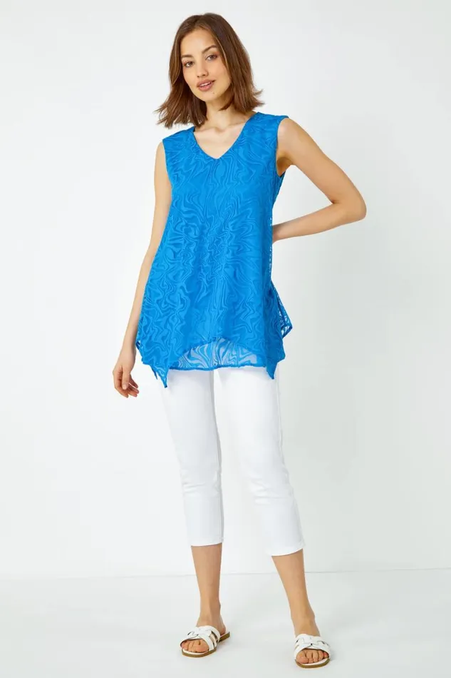 Women Blue Sleeveless Textured Swirl Print Top Roman Tops