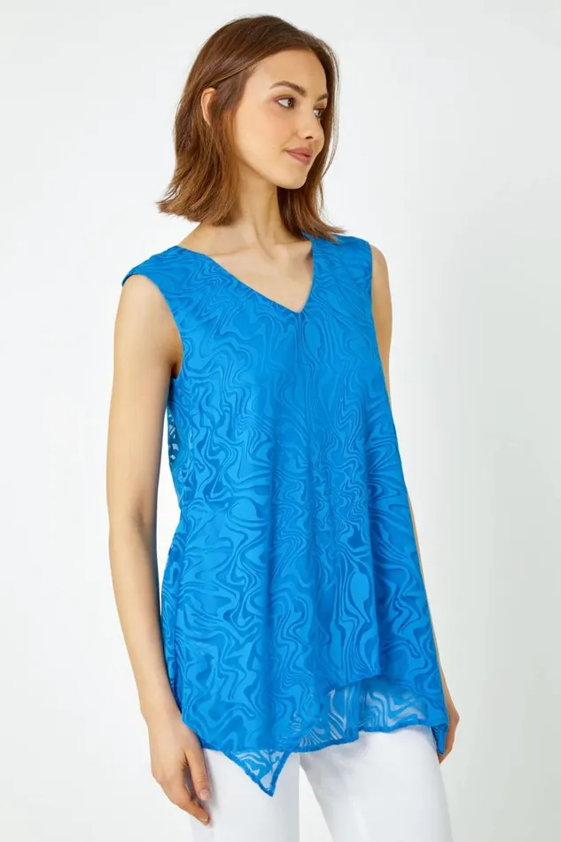 Women Blue Sleeveless Textured Swirl Print Top Roman Tops