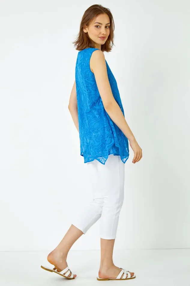 Women Blue Sleeveless Textured Swirl Print Top Roman Tops