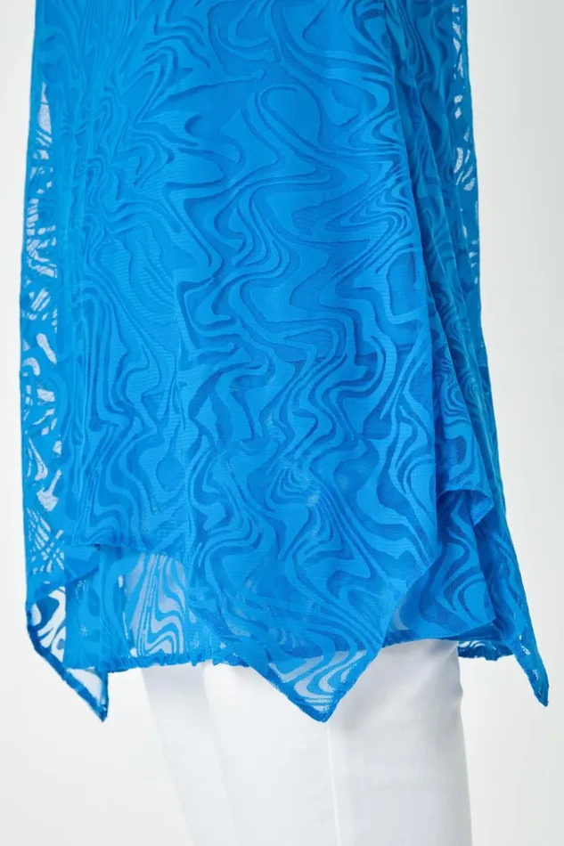 Women Blue Sleeveless Textured Swirl Print Top Roman Tops