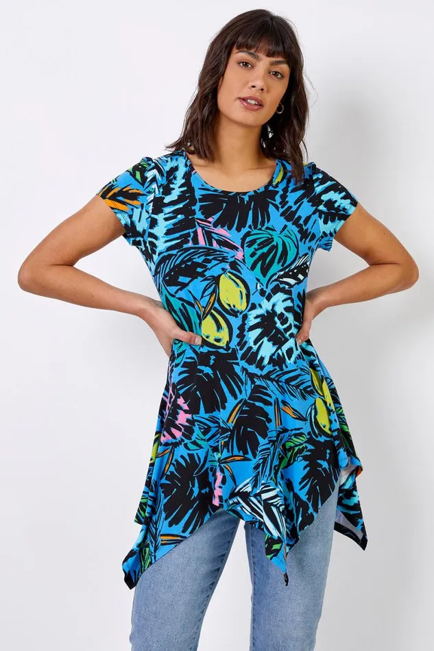 Women Blue Tropical Palm Print Hanky Hem Tunic Top Roman Tops