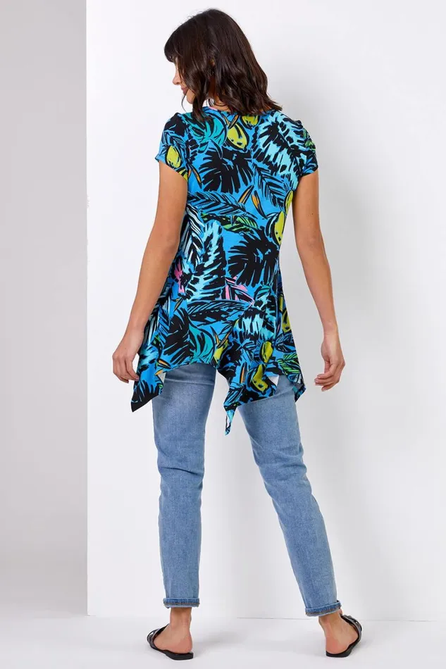 Women Blue Tropical Palm Print Hanky Hem Tunic Top Roman Tops