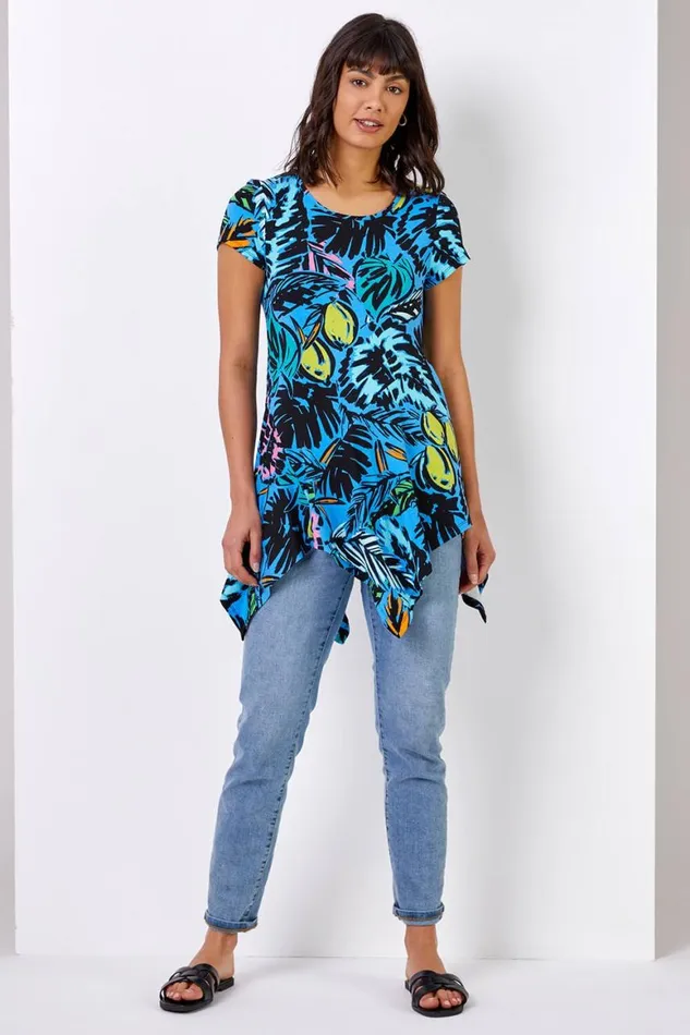 Women Blue Tropical Palm Print Hanky Hem Tunic Top Roman Tops