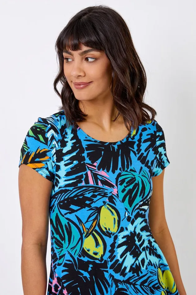 Women Blue Tropical Palm Print Hanky Hem Tunic Top Roman Tops