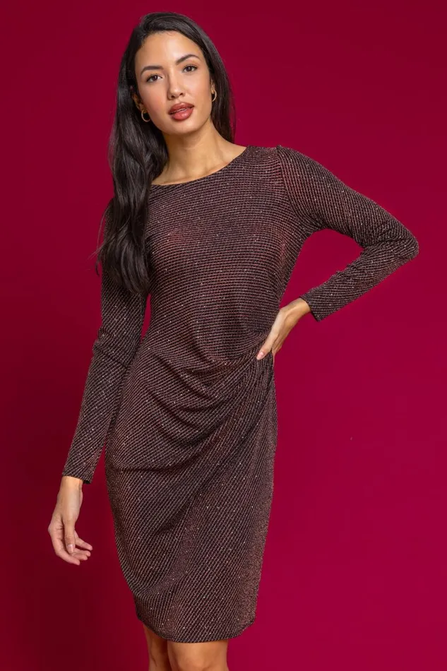 Women Bronze Metallic Shimmer Ruched Dress Roman Dresses
