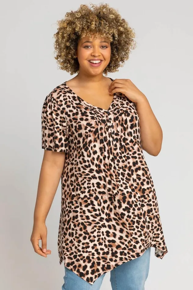 Women Brown Curve Animal Print Hanky Hem Top Roman Tops