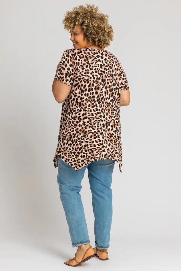 Women Brown Curve Animal Print Hanky Hem Top Roman Tops