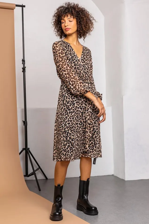 Women Brown Leopard Print Belted Chiffon Wrap Dress Roman Dresses