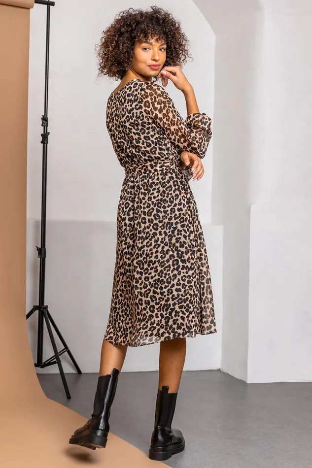 Women Brown Leopard Print Belted Chiffon Wrap Dress Roman Dresses