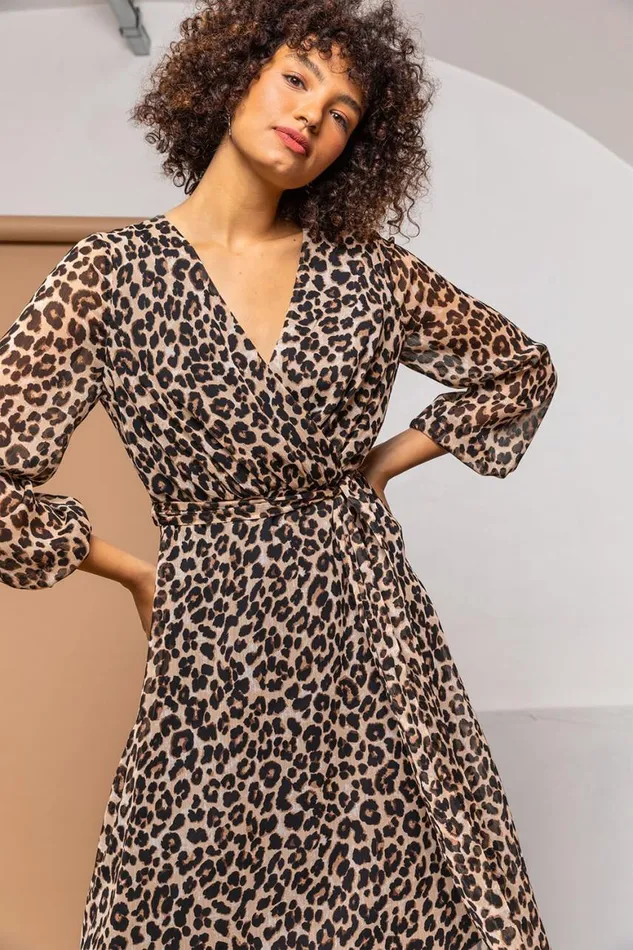 Women Brown Leopard Print Belted Chiffon Wrap Dress Roman Dresses