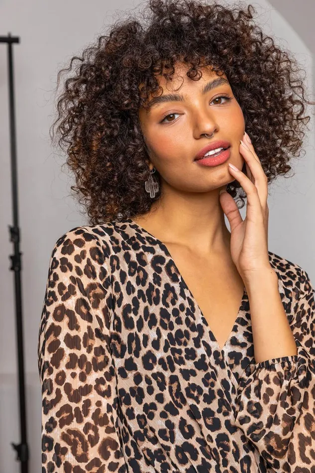 Women Brown Leopard Print Belted Chiffon Wrap Dress Roman Dresses