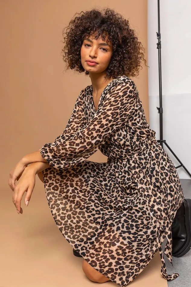 Women Brown Leopard Print Belted Chiffon Wrap Dress Roman Dresses