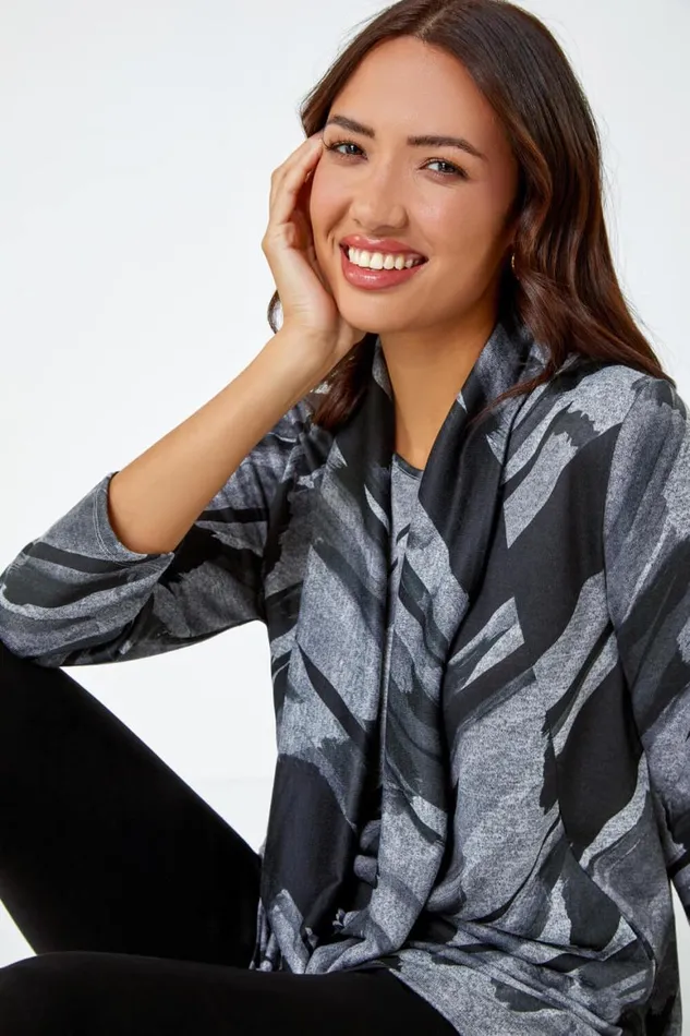 Women Charcoal Abstract Print Pocket Tunic Top With Snood Roman Tops