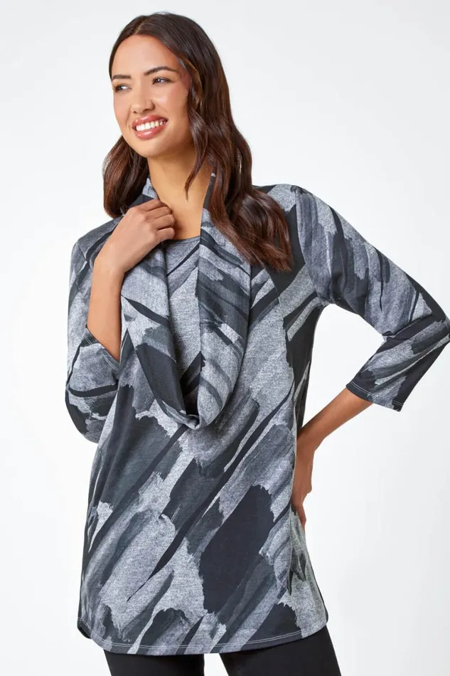 Women Charcoal Abstract Print Pocket Tunic Top With Snood Roman Tops