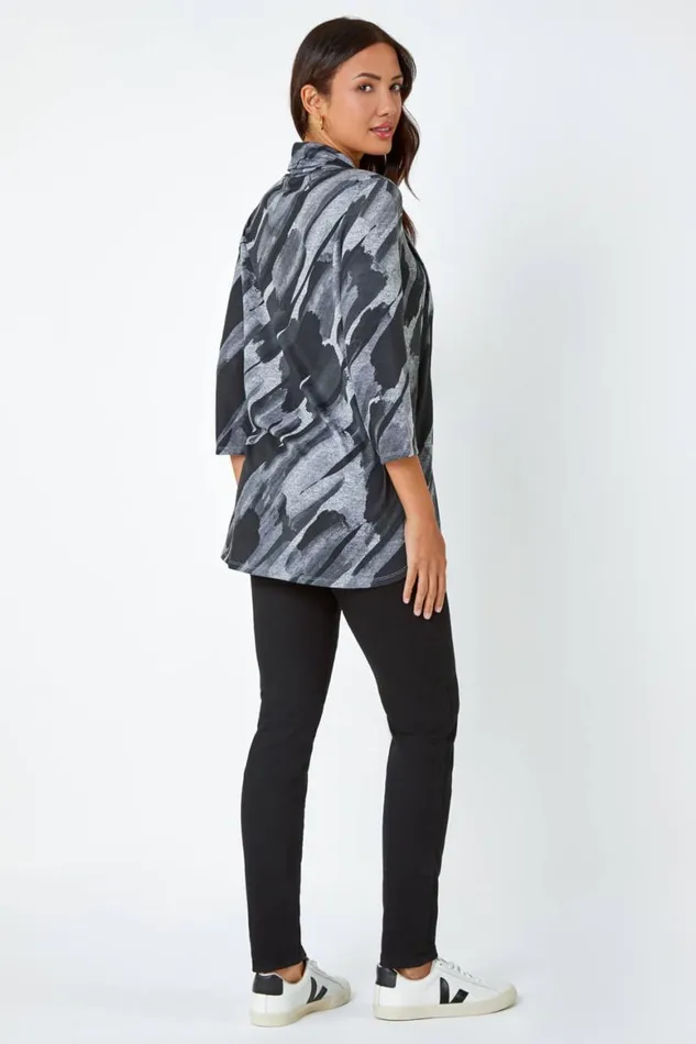 Women Charcoal Abstract Print Pocket Tunic Top With Snood Roman Tops