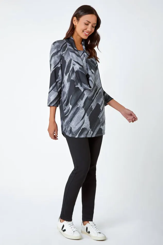 Women Charcoal Abstract Print Pocket Tunic Top With Snood Roman Tops