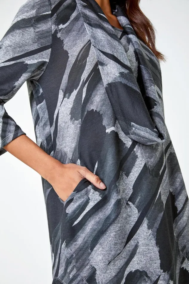 Women Charcoal Abstract Print Pocket Tunic Top With Snood Roman Tops
