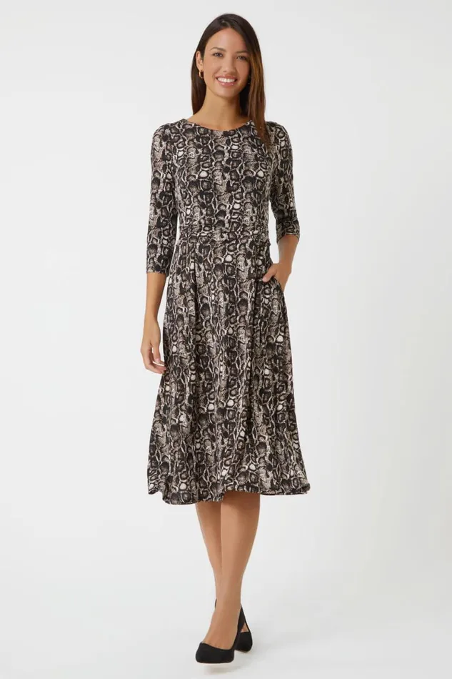 Women Coffee Snake Print Gathered Stretch Ruched Dress Roman Dresses