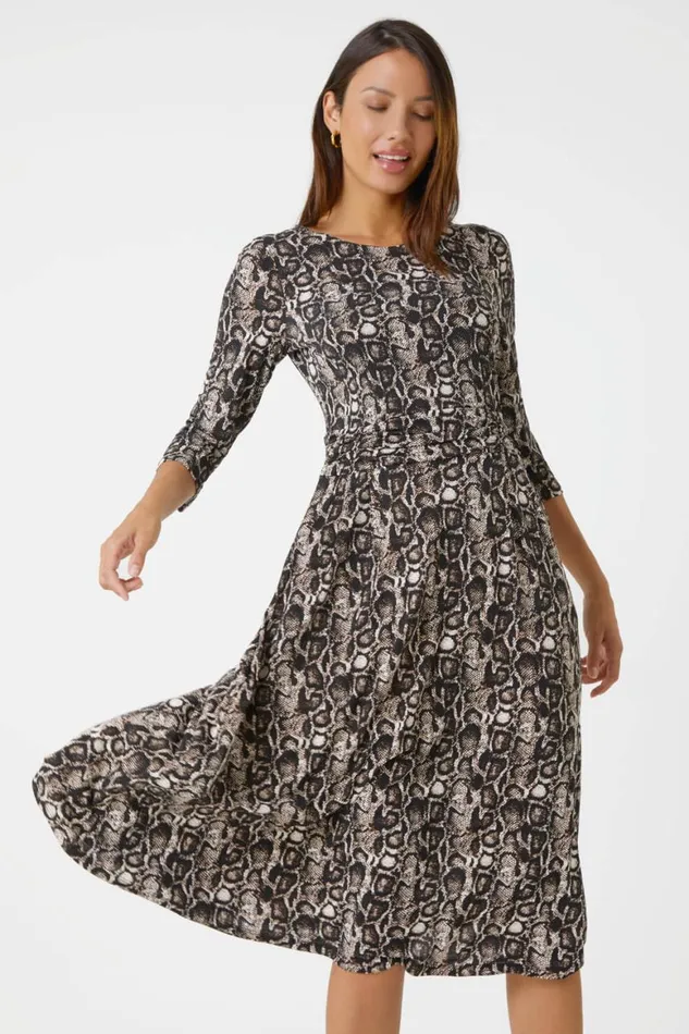 Women Coffee Snake Print Gathered Stretch Ruched Dress Roman Dresses
