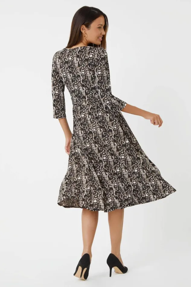 Women Coffee Snake Print Gathered Stretch Ruched Dress Roman Dresses