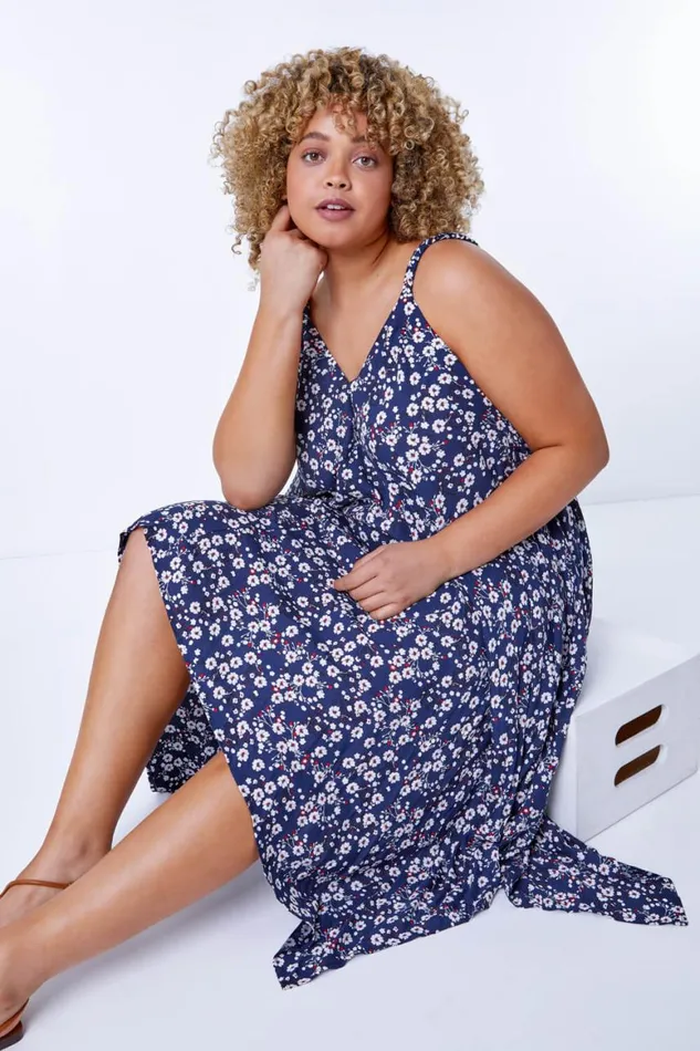 Women Curve Ditsy Floral Hanky Hem Asymmetric Dress Roman Dresses