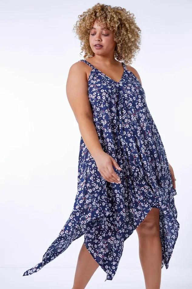 Women Curve Ditsy Floral Hanky Hem Asymmetric Dress Roman Dresses