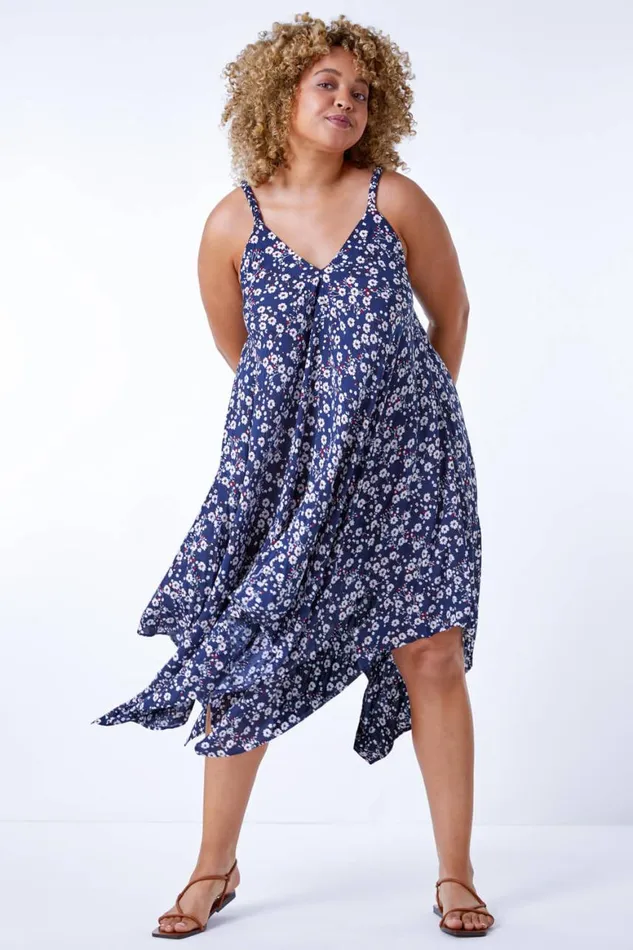 Women Curve Ditsy Floral Hanky Hem Asymmetric Dress Roman Dresses