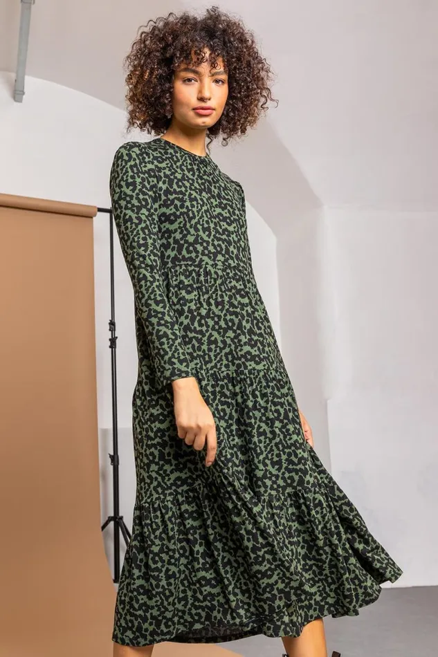 Women Dark Green Animal Jersey Tiered Midi Dress Roman Dresses
