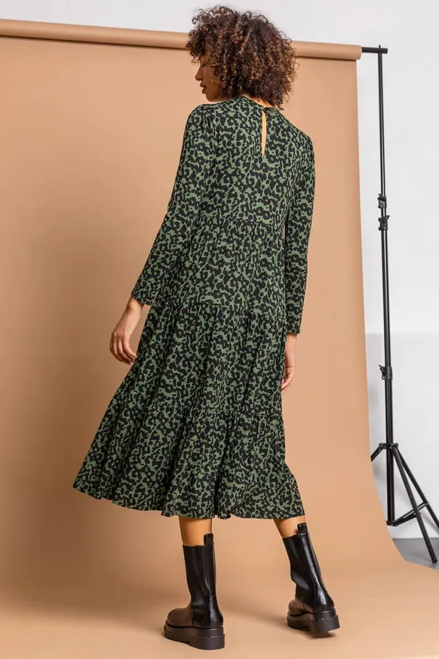 Women Dark Green Animal Jersey Tiered Midi Dress Roman Dresses