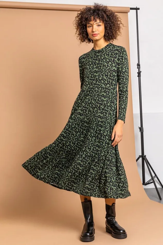 Women Dark Green Animal Jersey Tiered Midi Dress Roman Dresses