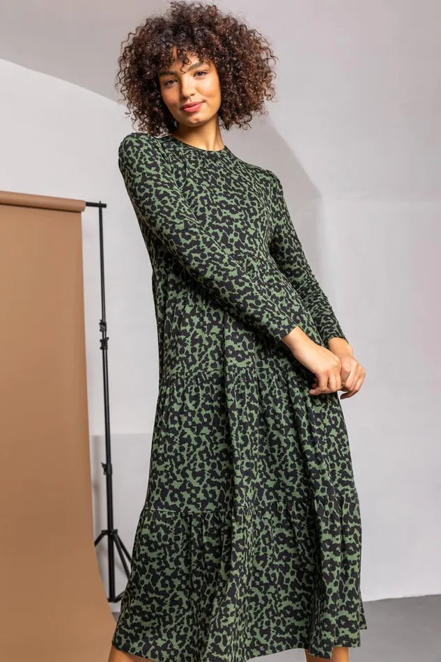 Women Dark Green Animal Jersey Tiered Midi Dress Roman Dresses