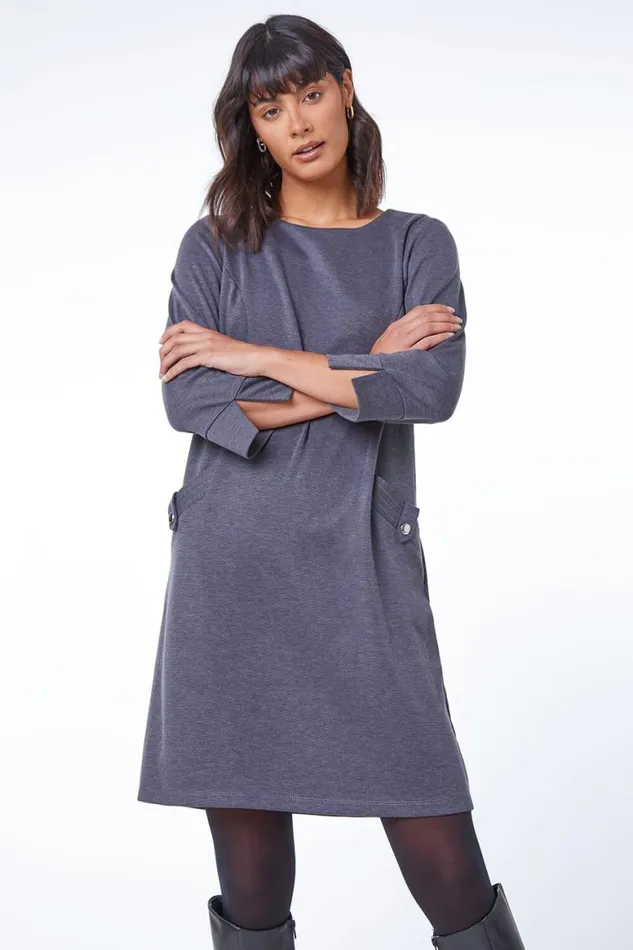 Women Dark Grey Button Detail Stretch Shift Dress Roman Dresses